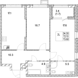 Планировка — Стадиум, 2-комн., 72 м²