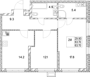 Планировка — Стадиум, 2-комн., 64 м²