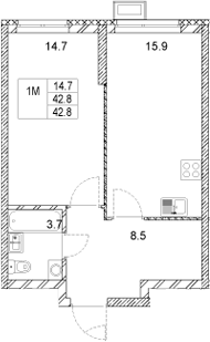 Планировка — Стадиум, 1-комн., 43 м²