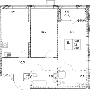Планировка — Стадиум, 2-комн., 72 м²