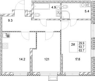 Планировка — Стадиум, 2-комн., 64 м²