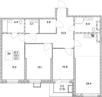 Планировка — Стадиум, 3-комн., 100 м²