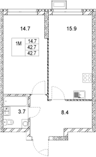 Планировка — Стадиум, 1-комн., 43 м²
