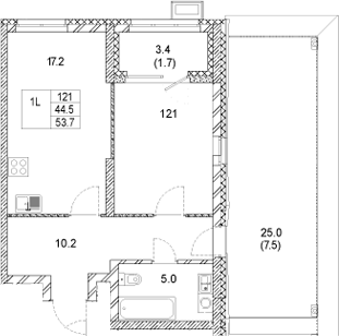 Планировка — Стадиум, 1-комн., 45 м²