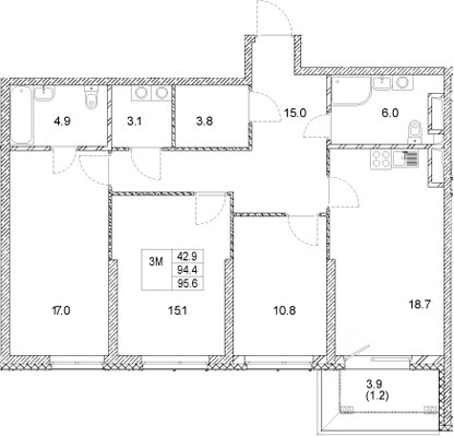 Планировка — Стадиум, 3-комн., 94 м²
