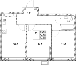 Планировка — Стадиум, 2-комн., 54 м²