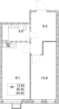 Планировка — Стадиум, 1-комн., 45 м²
