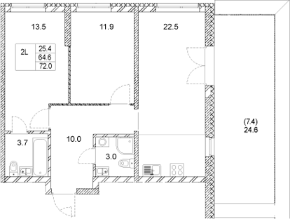 Планировка — Стадиум, 2-комн., 65 м²