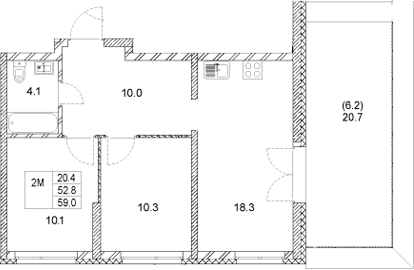 Планировка — Стадиум, 2-комн., 53 м²