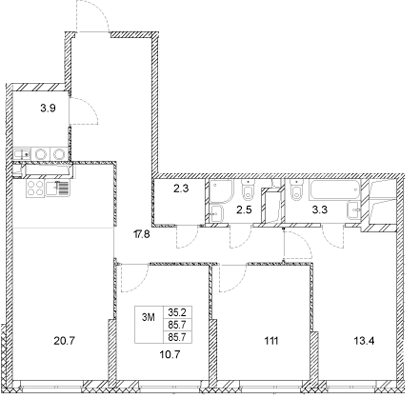 Планировка — Стадиум, 3-комн., 86 м²