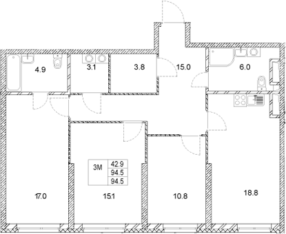 Планировка — Стадиум, 3-комн., 95 м²
