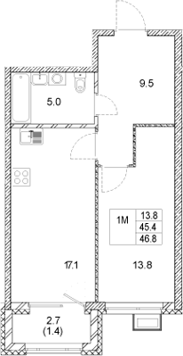 Планировка — Стадиум, 1-комн., 45 м²