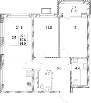 Планировка — Стадиум, 2-комн., 60 м²