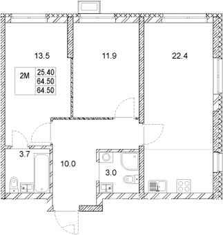 Планировка — Стадиум, 2-комн., 65 м²