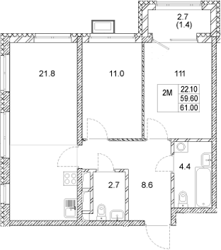 Планировка — Стадиум, 2-комн., 60 м²