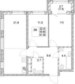 Планировка — Стадиум, 2-комн., 60 м²