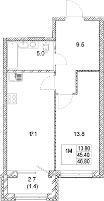 Планировка — Стадиум, 1-комн., 45 м²