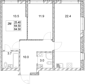 Планировка — Стадиум, 2-комн., 65 м²