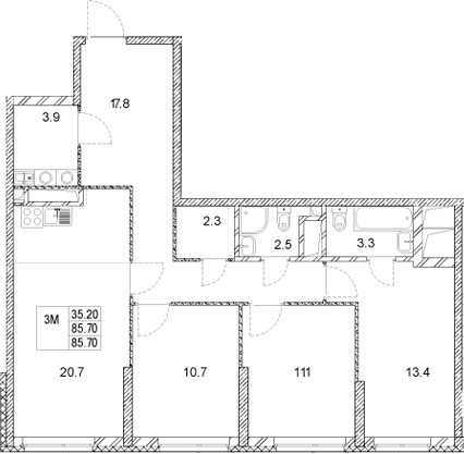 Планировка — Стадиум, 3-комн., 86 м²