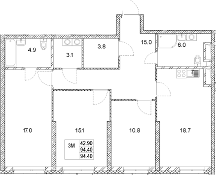 Планировка — Стадиум, 3-комн., 94 м²
