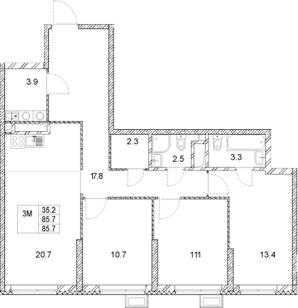 Планировка — Стадиум, 3-комн., 86 м²