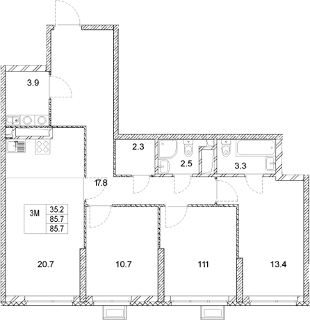 Планировка — Стадиум, 3-комн., 86 м²