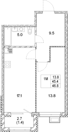 Планировка — Стадиум, 1-комн., 45 м²