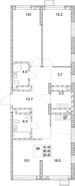 Планировка — Стадиум, 3-комн., 88 м²