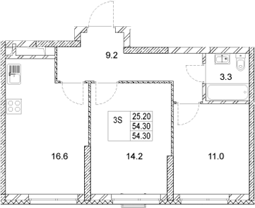 Планировка — Стадиум, 2-комн., 54 м²