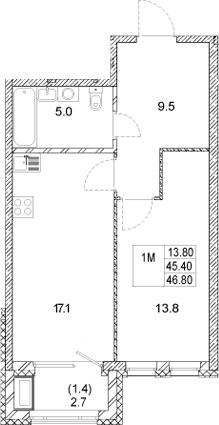 Планировка — Стадиум, 1-комн., 45 м²