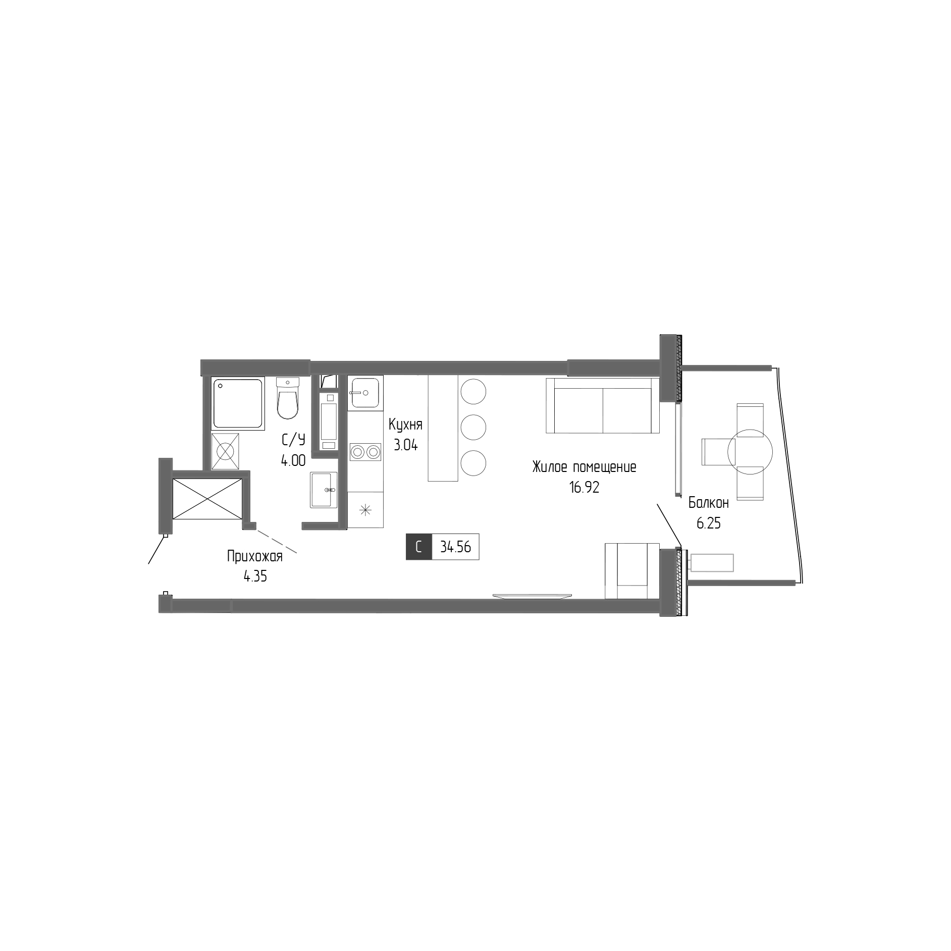 Планировка — Крымская Резиденция, Студия, 28 м²