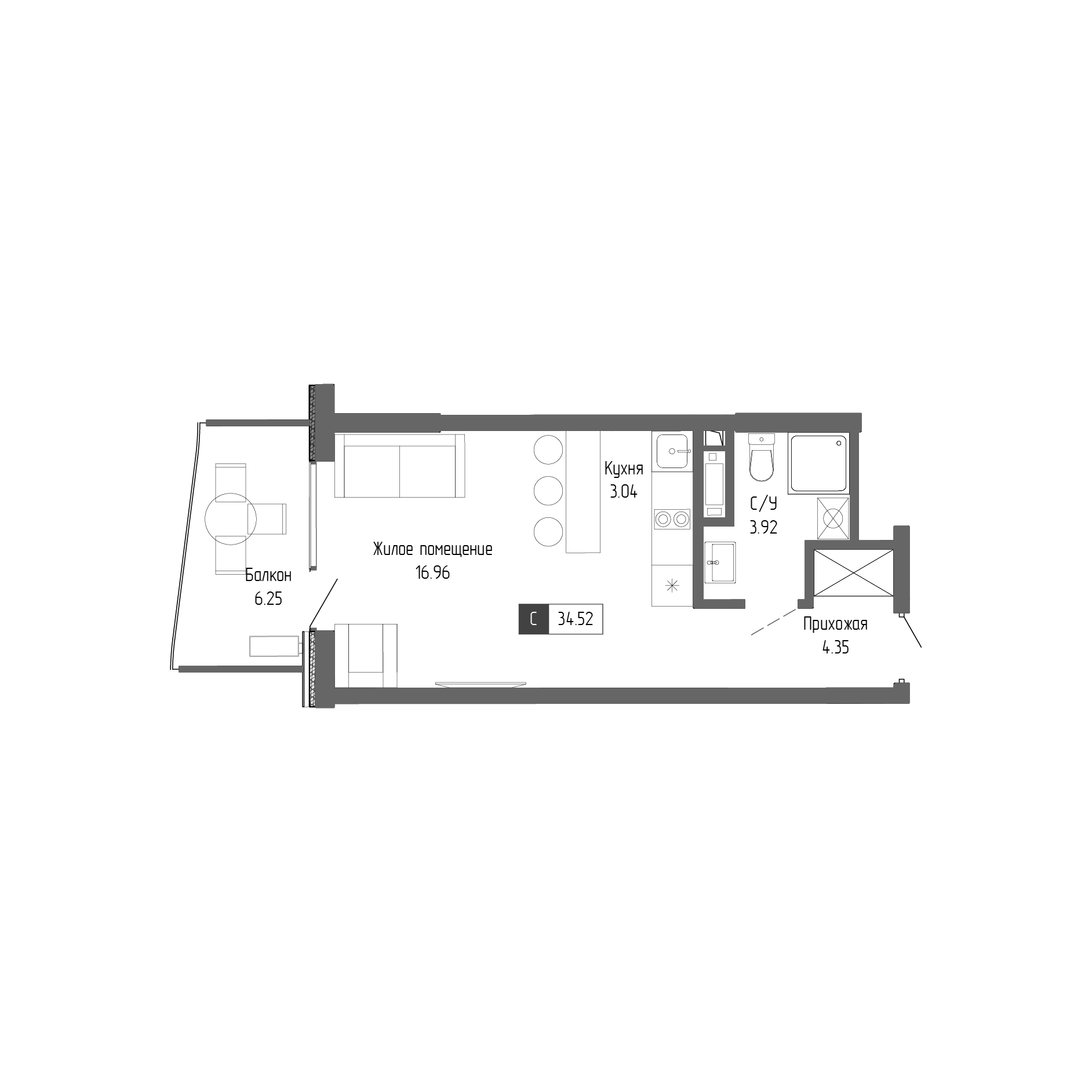 Планировка — Крымская Резиденция, Студия, 28 м²