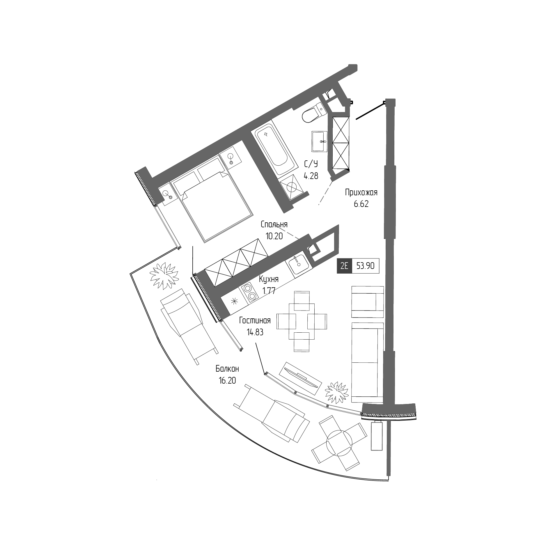 Планировка — Крымская Резиденция, 2-комн., 38 м²