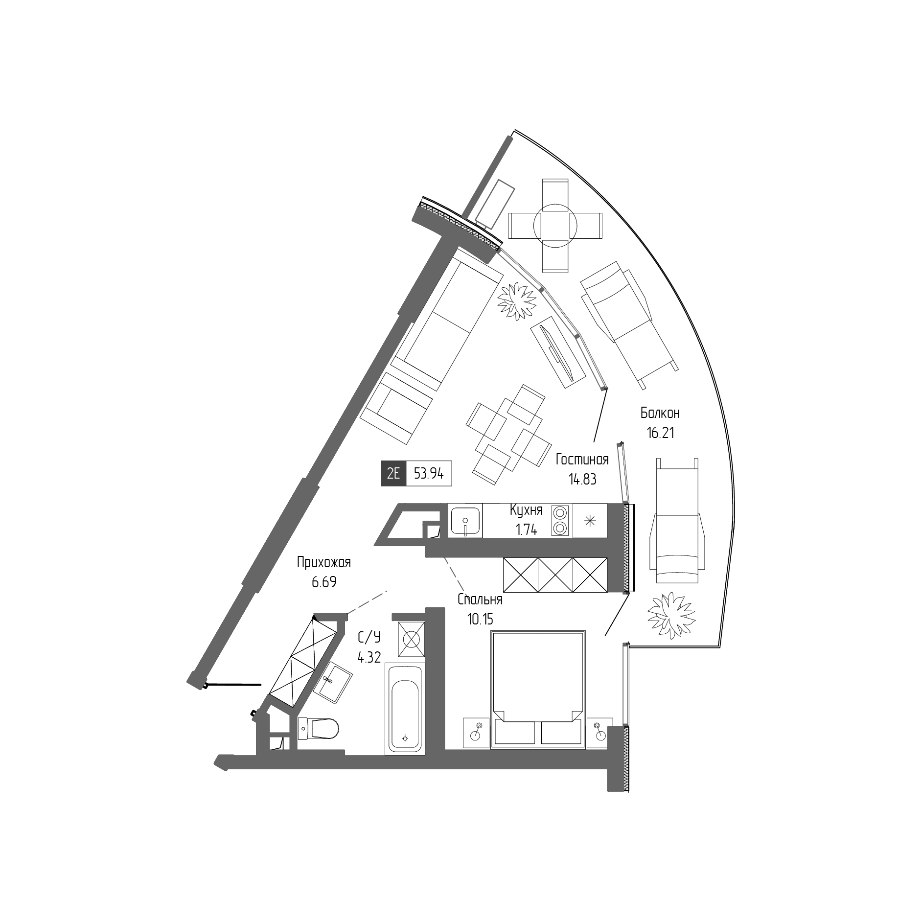 Планировка — Крымская Резиденция, 2-комн., 38 м²
