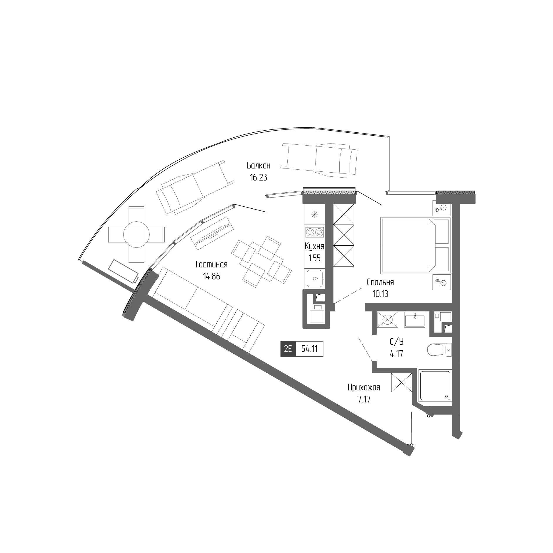 Планировка — Крымская Резиденция, 2-комн., 38 м²