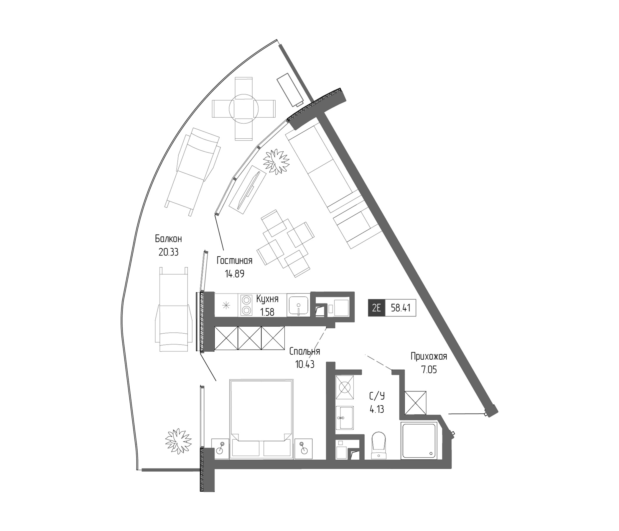 Планировка — Крымская Резиденция, 2-комн., 38 м²