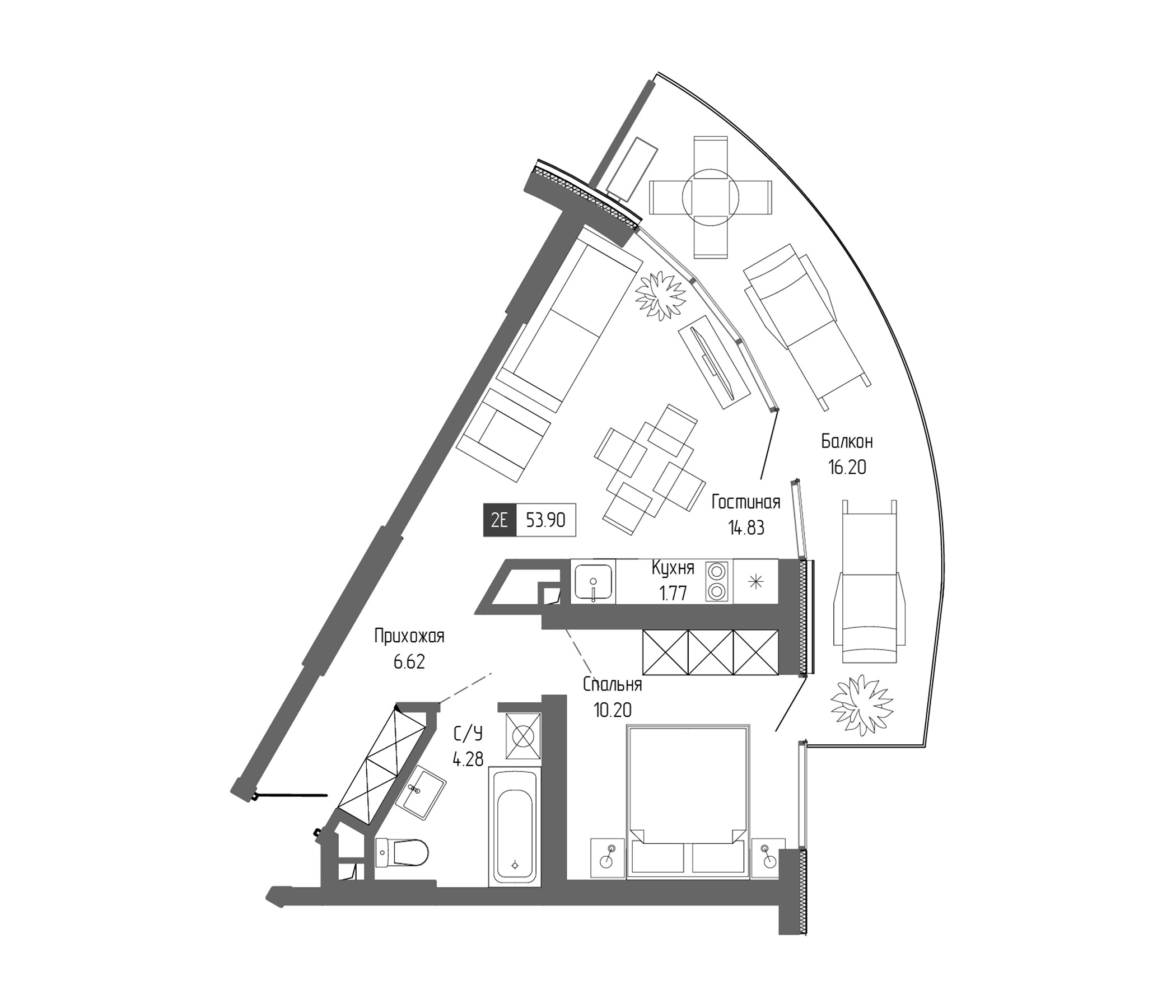 Планировка — Крымская Резиденция, 2-комн., 38 м²