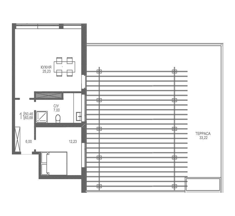 Планировка — Лучистое, 1-комн., 50 м²