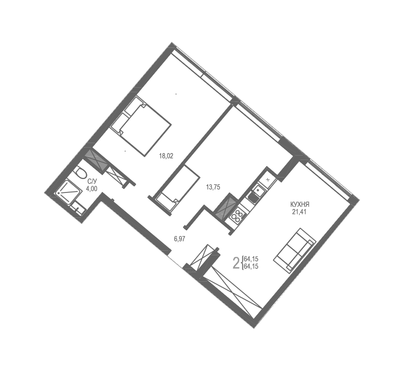 Планировка — Лучистое, 2-комн., 64 м²