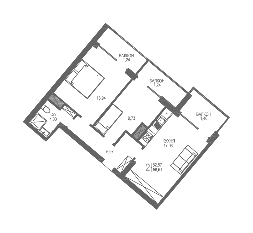 Планировка — Лучистое, 2-комн., 53 м²