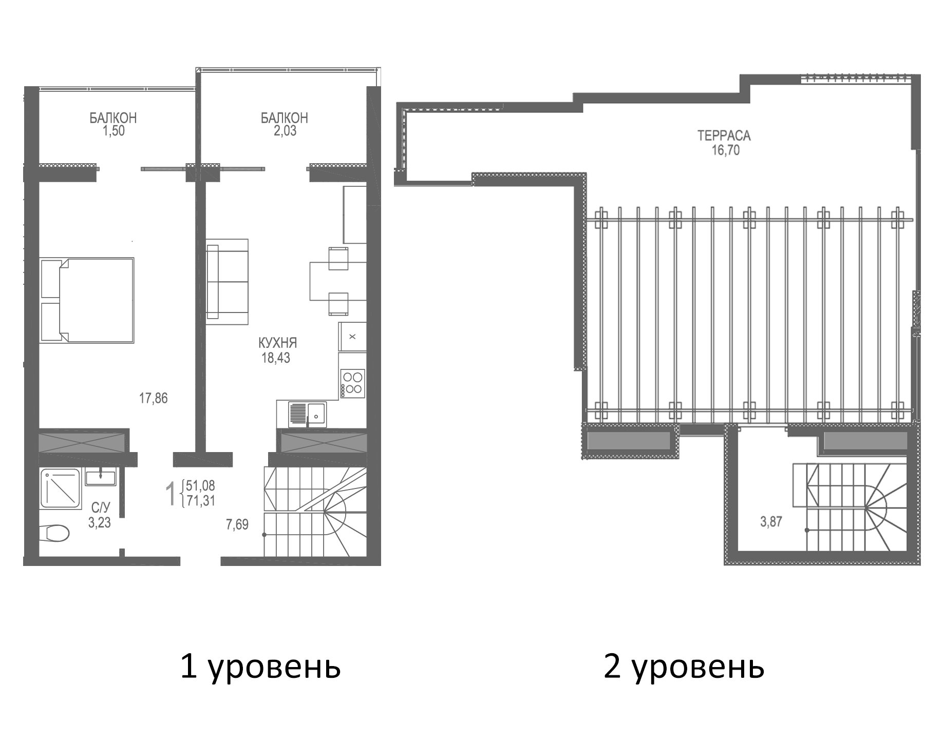Планировка — Лучистое, 1-комн., 51 м²