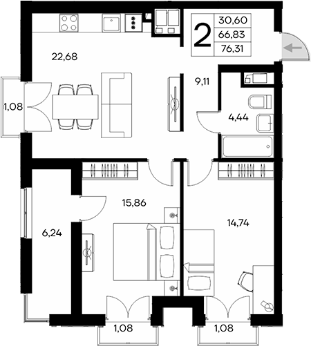 Планировка — Клубный дом Столица, 2-комн., 67 м²