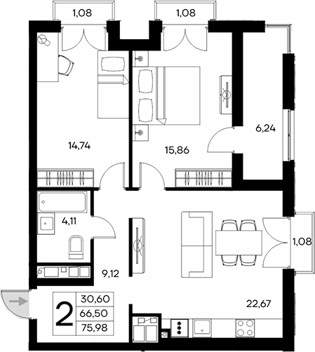 Планировка — Клубный дом Столица, 2-комн., 67 м²