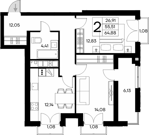 Планировка — Клубный дом Столица, 2-комн., 56 м²