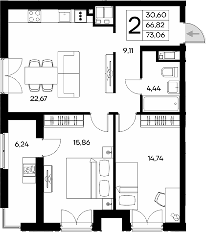 Планировка — Клубный дом Столица, 2-комн., 67 м²