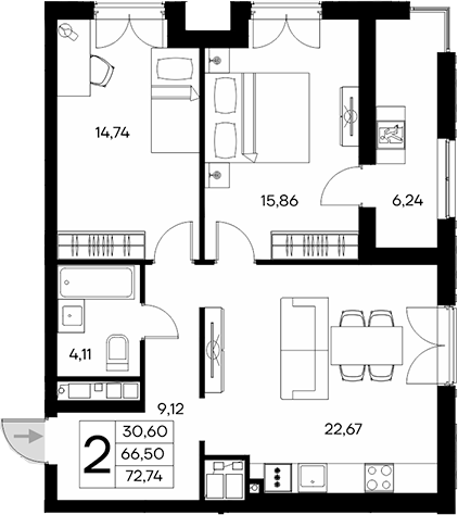 Планировка — Клубный дом Столица, 2-комн., 67 м²