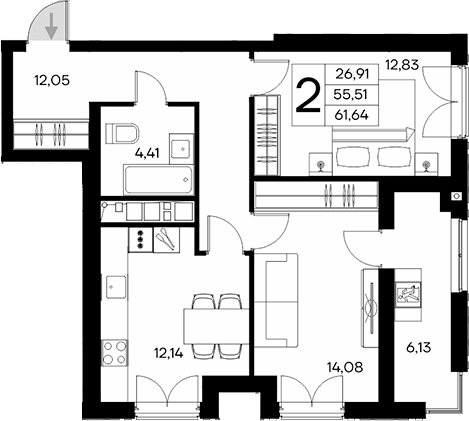 Планировка — Клубный дом Столица, 2-комн., 56 м²