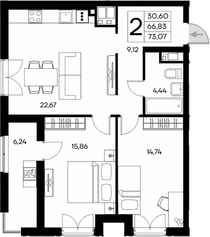 Планировка — Клубный дом Столица, 2-комн., 67 м²