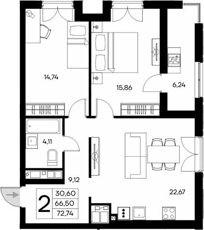 Планировка — Клубный дом Столица, 2-комн., 67 м²
