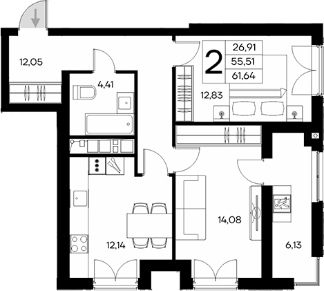 Планировка — Клубный дом Столица, 2-комн., 56 м²